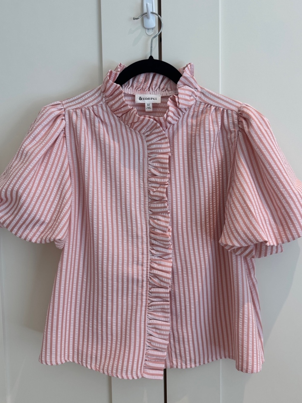 Merci Pink Striped Ruffle-Front Blouse